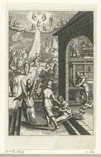 Embleem met man die zich met goede daden voorbereidt op een gebed tot God