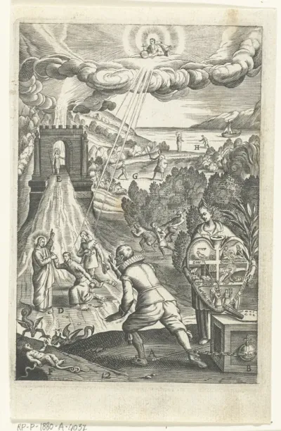 Embleem met man die ziet hoe vertrouwen in God een mens kan verlossen van zonden en doen leven in deugd