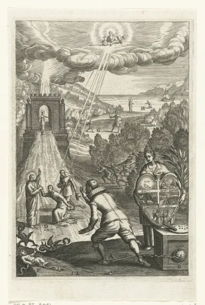 Embleem met man die ziet hoe vertrouwen in God een mens kan verlossen van zonden en doen leven in deugd