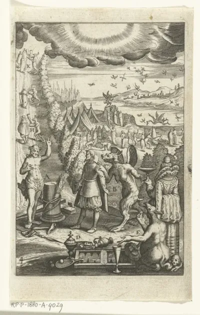 Embleem met man op de weg naar het eeuwige leven die wordt blootgesteld aan verzoekingen van de duivel
