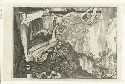 Embleem met mannen die hun toevlucht nemen tot het christelijke geloof en zich afkeren van zonde, de duivel en de dood
