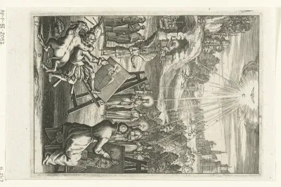Embleem met mannen die portretten schilderen van heiligen om zo hun voorbeeld te volgen
