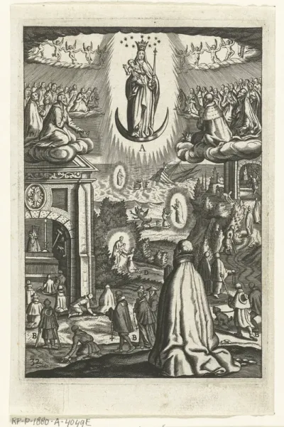 Embleem met Maria en Kind die vereerd worden door zielen in de hemel en een man