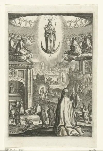 Embleem met Maria en Kind die vereerd worden door zielen in de hemel en een man