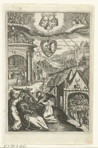 Embleem met verering van Heilige Franciscus van Assisi die in deugd leefde