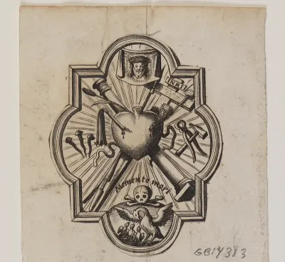 Emblem med et gennemboret hjerte og passionsredskaberne