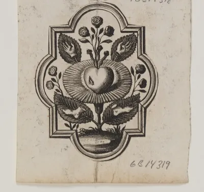 Emblem med et hjerte gennemboret af en rose