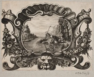 Emblem med hyrde, der spejler sig i en sø