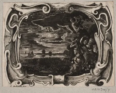Emblem med satyrer samlet ved et træ ved nattetid