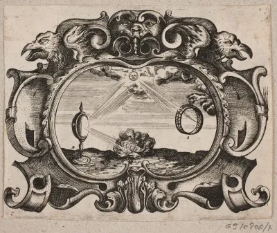 Emblem med sol, der stråler gennem en ring og gennem et brændeglas, så der antændes et bål