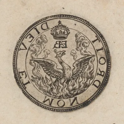 Emblem of the Phoenix and the motto "Dieu et mon droit" [right half]