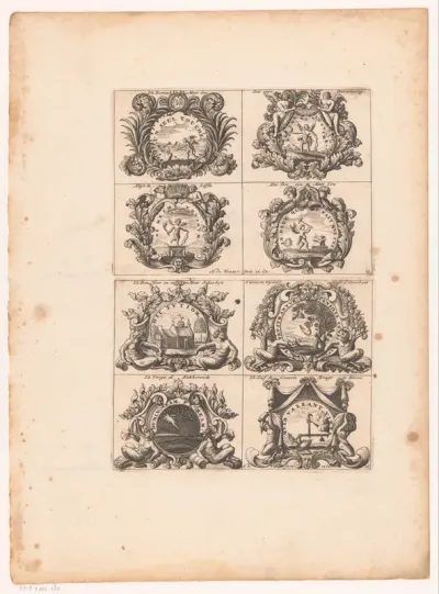 Emblemata met Amor, kerkgebouw en vallende ster