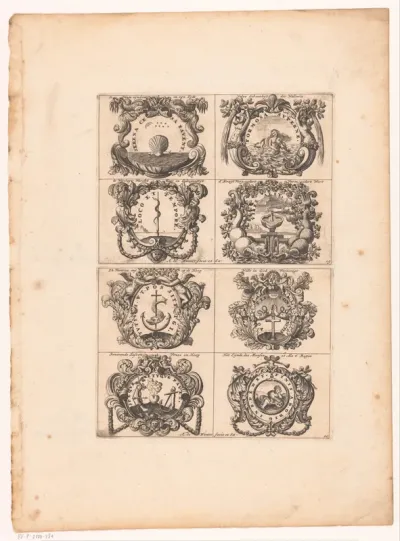 Emblemata met een schelp, meermin, anker en kruis