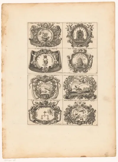 Emblemata met klok, bijenkorf, duiven en weegschaal
