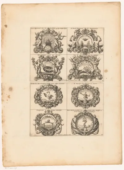 Emblemata met kronen, een leeuw en struisvogel