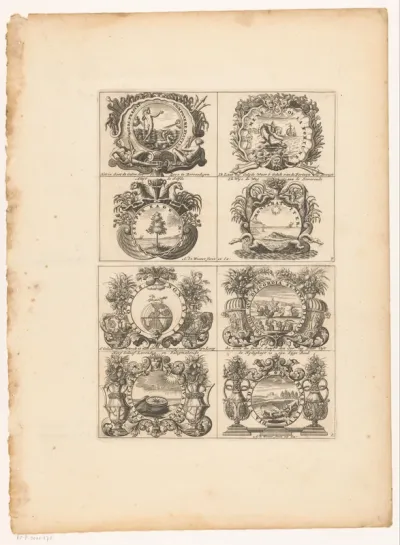 Emblemata met Neptunus, Amor en een globe