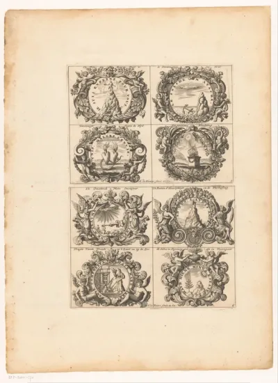 Emblemata met rotsen en brandende harten