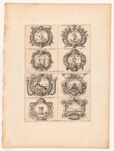 Emblemata met staande figuren en schedels