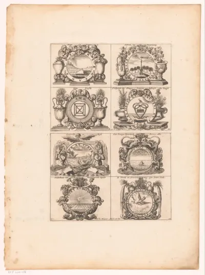 Emblemata met zonnewijzer, vazen en schepen op zee