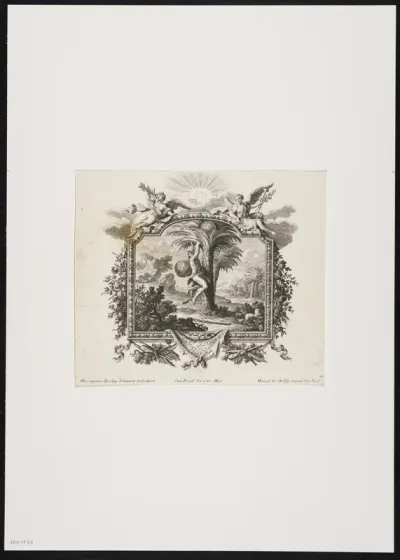Emblematic representation in frame with 2 angels, flowers, plants and snakes.
