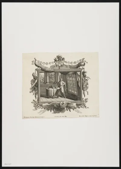 Emblematic representation in frame with cartouche, 2 peacocks, armour and an angel.