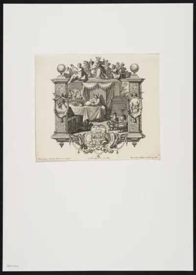 Emblematic representation in frame with cartouche, satyrs and other figures.