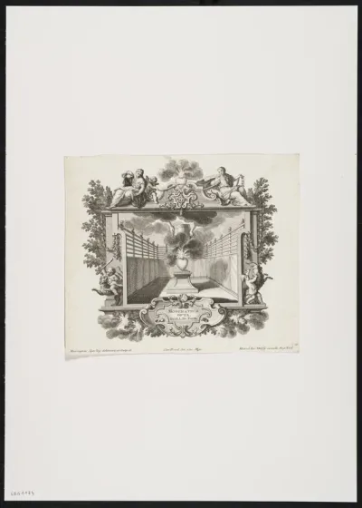 Emblematic representation in frame with cartouche, scrollwork, 2 female figures, putti, a goat and a tiger.