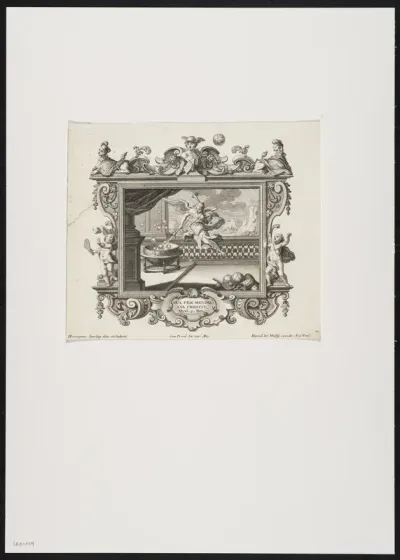 Emblematic representation in frame with cartouche, scrollwork, 2 sphinxes and putti.