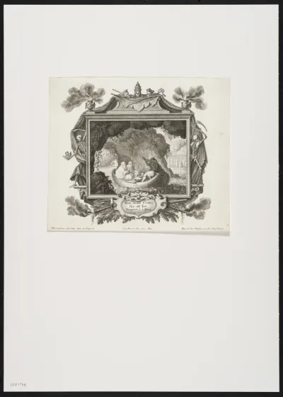 Emblematic representation in frame with cartouche, scrollwork and skeletons.