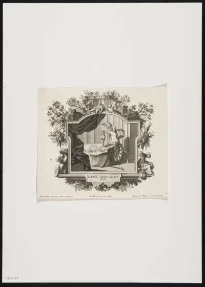 Emblematic representation with cartouche, scrollwork, 2 men, putti, bushes and work tools.