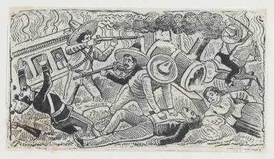 Emiliano Zapata's supporters attacking a train, scene from the Mexican Revolution