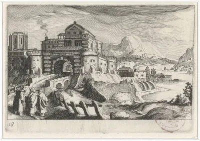 Emmäusgangers voor een stadspoort in een berglandschap