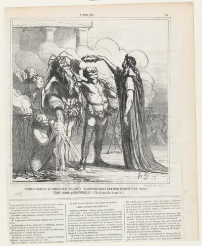 Empedocles receiving the divine honors from the inhabitants of Salinonte for having a river purified: Project proposed b the Charivari to the Academy of Fine Arts, from 'News of the day,' published in Le Charivari, May 1, 1866