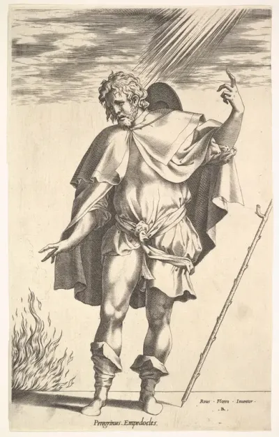 Empedocles, standing frontally with his head turned in three-quarter view, directs his gaze toward a flame (the crater of Mount Aetna?) emerging from a horizontal ground line, a walking stick leans toward the right margin
