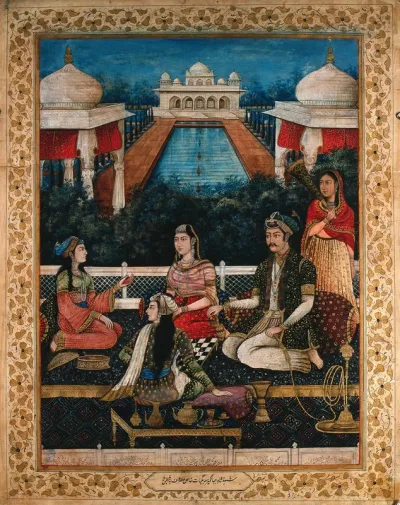 Emperor Akbar (?) holding a hookah pipe, sitting with three women and playing a board game while a female attendant stands behind him with a fan