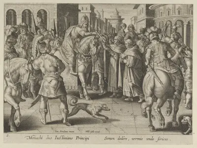 Emperor Justinian Receiving the First Imported Silkworm Eggs from Nestorian Monks, Plate 2 from "The Introduction of the Silkworm" [Vermis Sericus]