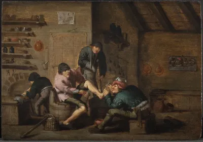 En barber opererer en fod. De fem sanser: Følesansen