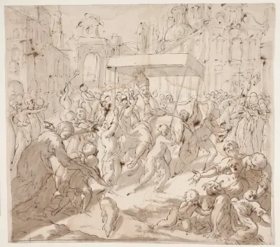 En biskop, ridende på et æsel under en baldakin, kommer med en procession ind i en by, hvor han velsigner børn og syge mennesker