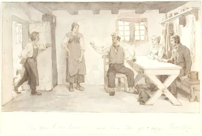 En bonde, der har gæster kalder sin søn ind