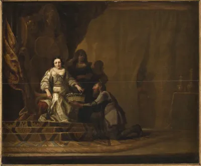 En bonde rækker en frugtkurv til en kvinde på en trone