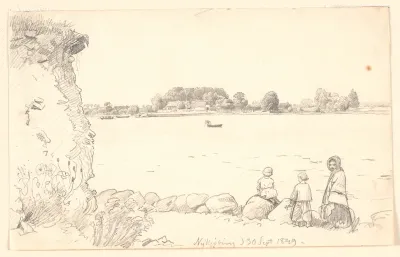 En dame og to børn ved Guldborg Sund. Nykøbing Falster.