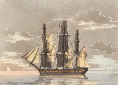 En dansk fregat med alle seil til i et roligt havblik