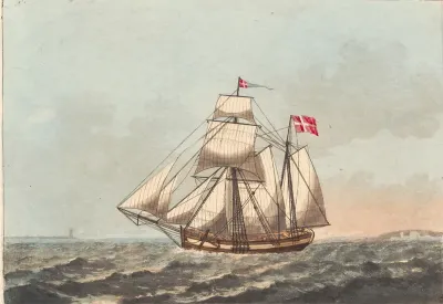 En dansk galease, at see i læ, med sidevind