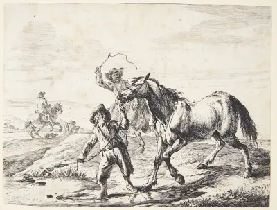 En dreng leder en hest til vandet
