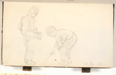 En dreng med kurv på armen og en dreng , der bøjer sig og kradser med en pind i jorden
