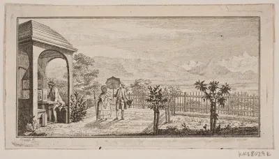 En haveterrasse i Genthod med et spadserende par