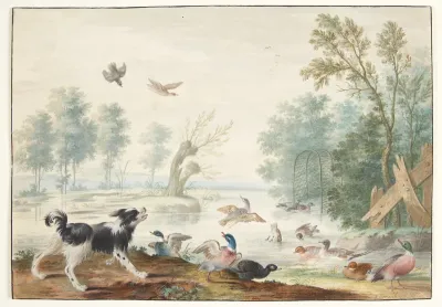 En hund og ænder ved sø