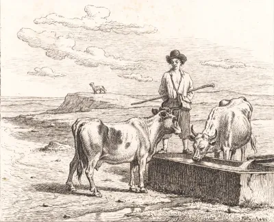 En hyrdedreng ved et vandingstrug. Illustrion til Chr. Winther "Femogtyve Billeder for små Børn"