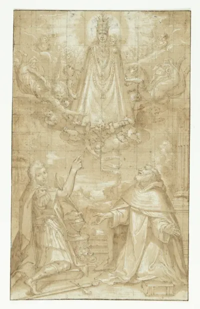 En kronet Madonna med barnet, omhængt med en kappe og tunge kæder, åbenbarer sig i skyerne, omgivet af engle og keruber, for to knælende helgener; den ene en soldat, der er martyr, den anden en gejstlig (Hyacintus?). En engel rækker et bælte eller et