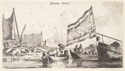 En landingsplads med fiskernet og kanoner. Titelblad til "Forskellige skibe og udsigter fra Amsterdam (III)"
